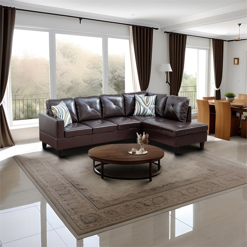 Pemberly Row Contemporary Faux Leather Right Facing Sectional in Brown