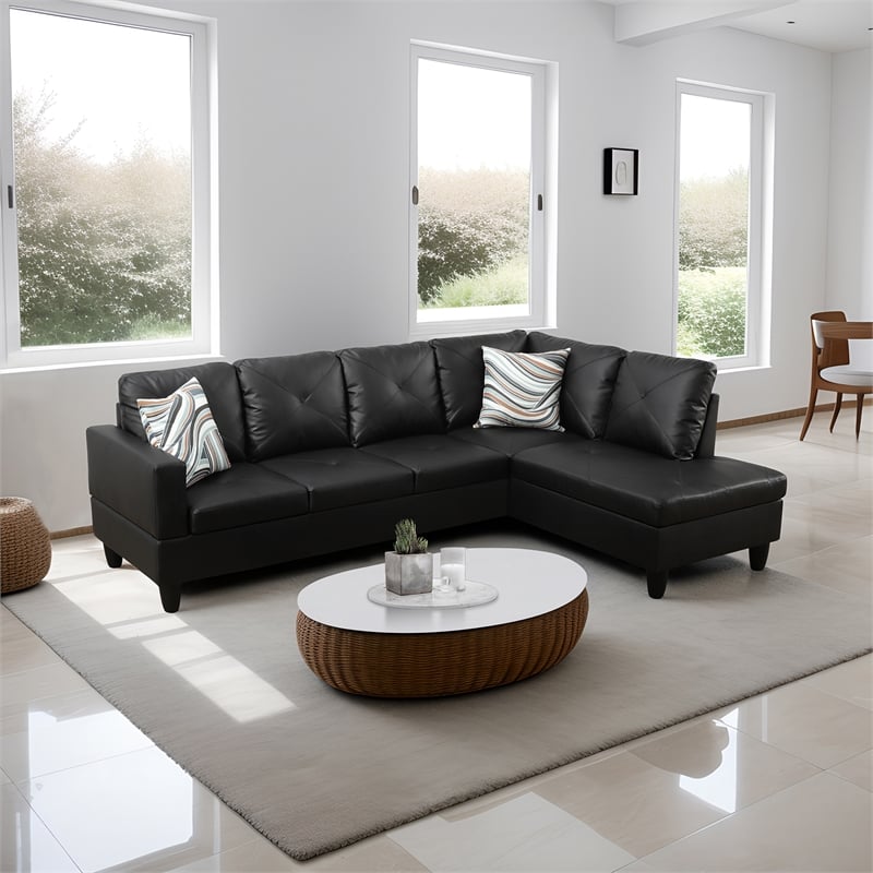 Pemberly Row Contemporary Faux Leather Left Facing Sectional in Black