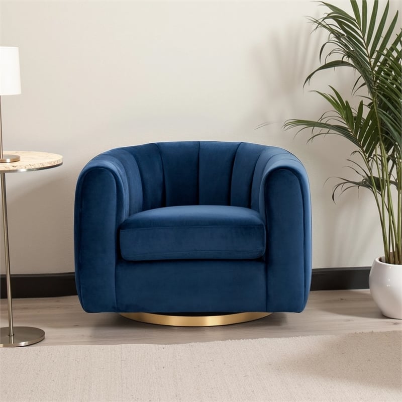 Pemberly Row Modern Living Room Round Back Velvet Swivel Chair in Blue