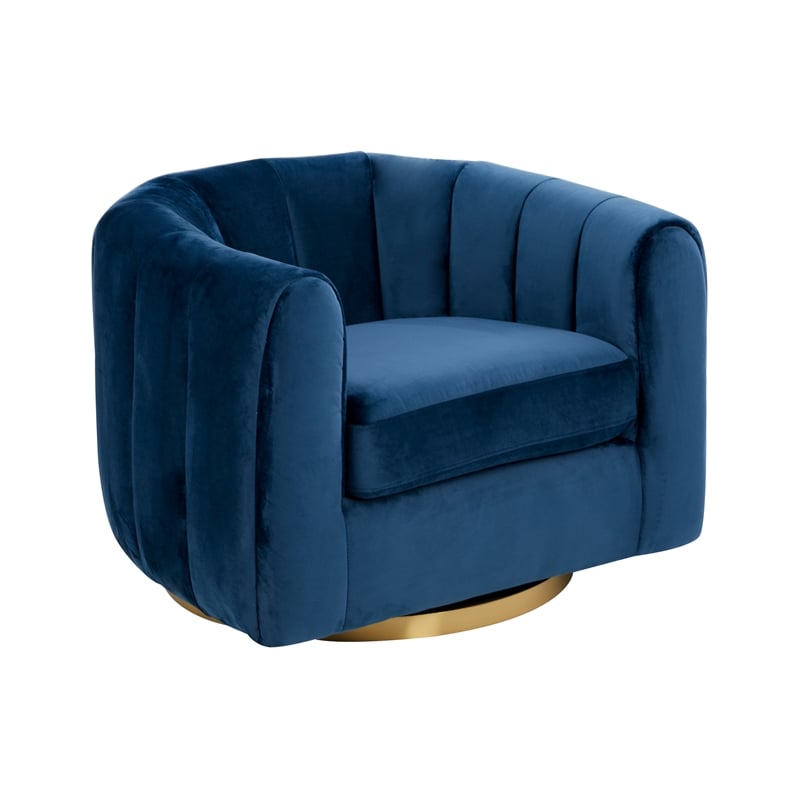 Pemberly Row Modern Living Room Round Back Velvet Swivel Chair in Blue