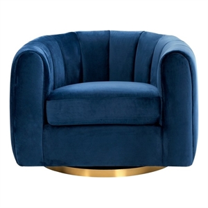 Pemberly Row Modern Living Room Round Back Velvet Swivel Chair in Blue