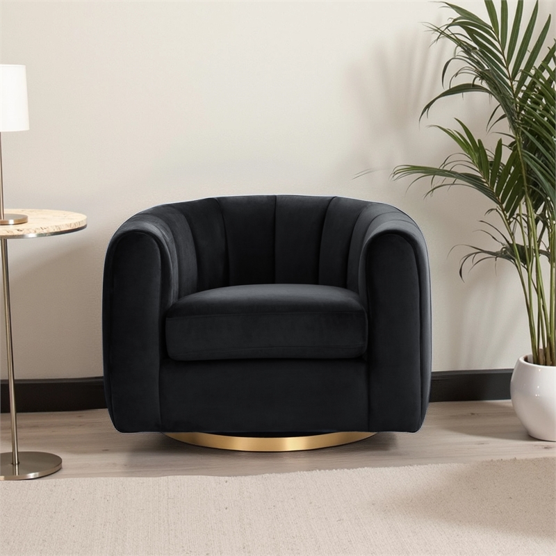 Pemberly Row Modern Living Room Round Back Velvet Swivel Chair in Black