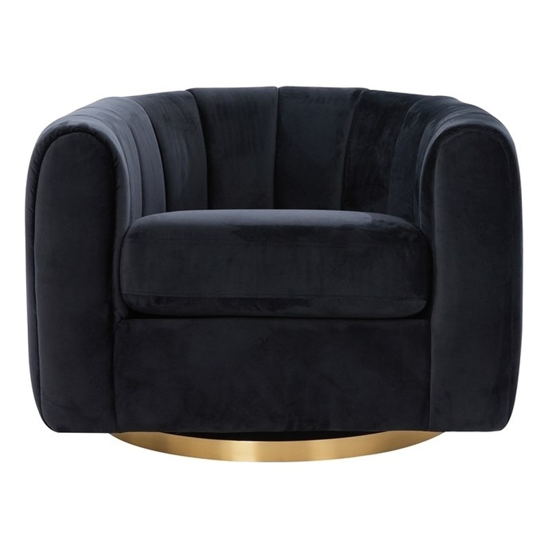 Pemberly Row Modern Living Room Round Back Velvet Swivel Chair in Black