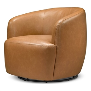 Pemberly Row 32&quotW Vegan Leather Upholstered Swivel Barrel Chair in Tan