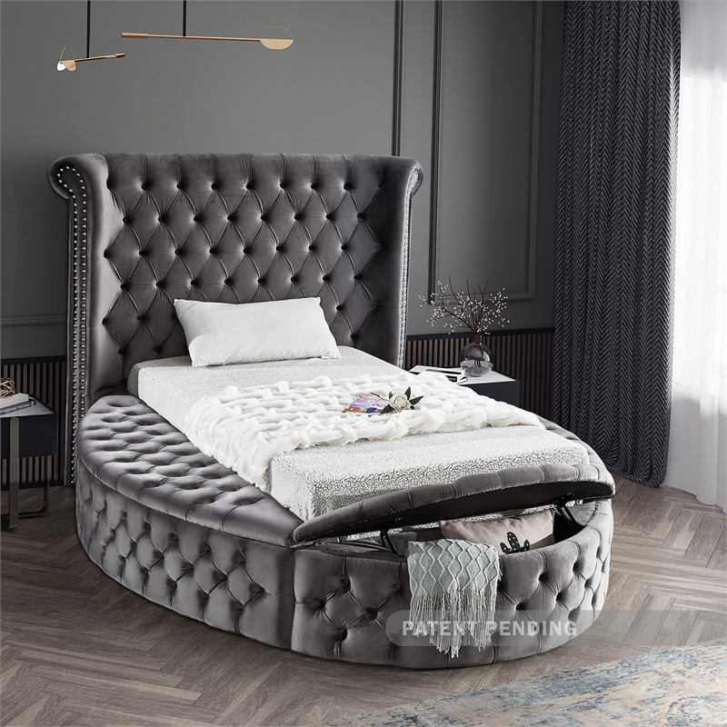 Pemberly Row Contemporary Gray Velvet Twin Round Bed - 71.5