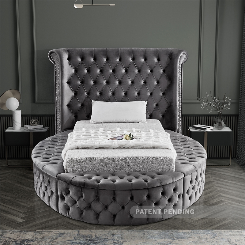 Pemberly Row Contemporary Gray Velvet Twin Round Bed - 71.5
