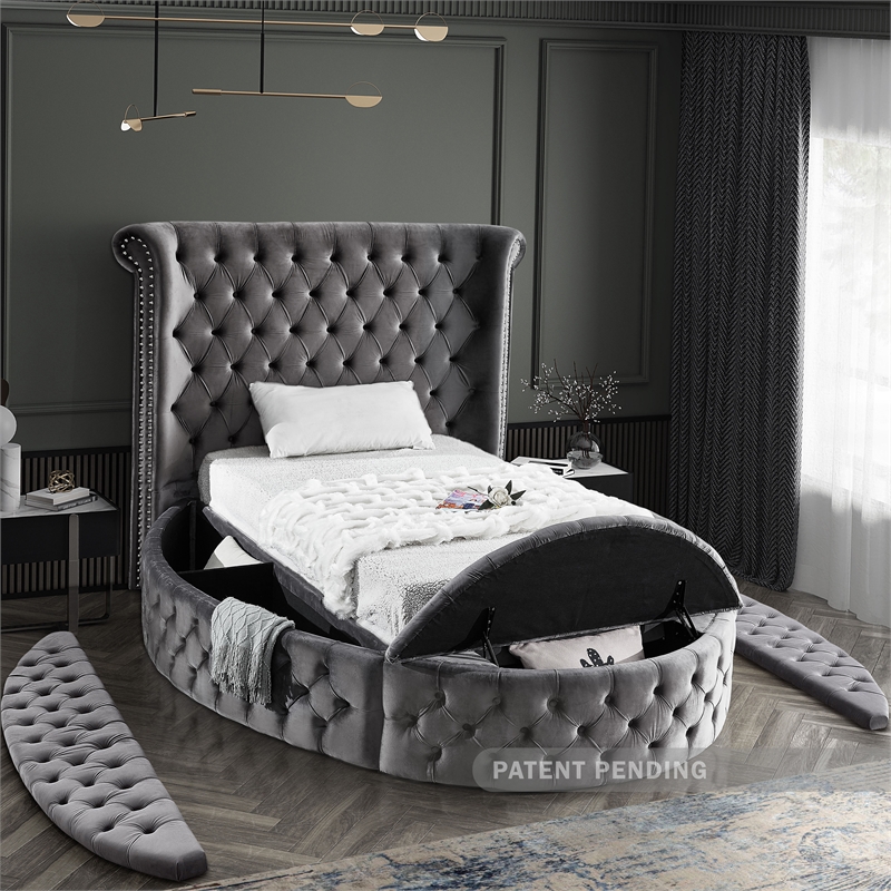Pemberly Row Contemporary Gray Velvet Twin Round Bed - 71.5