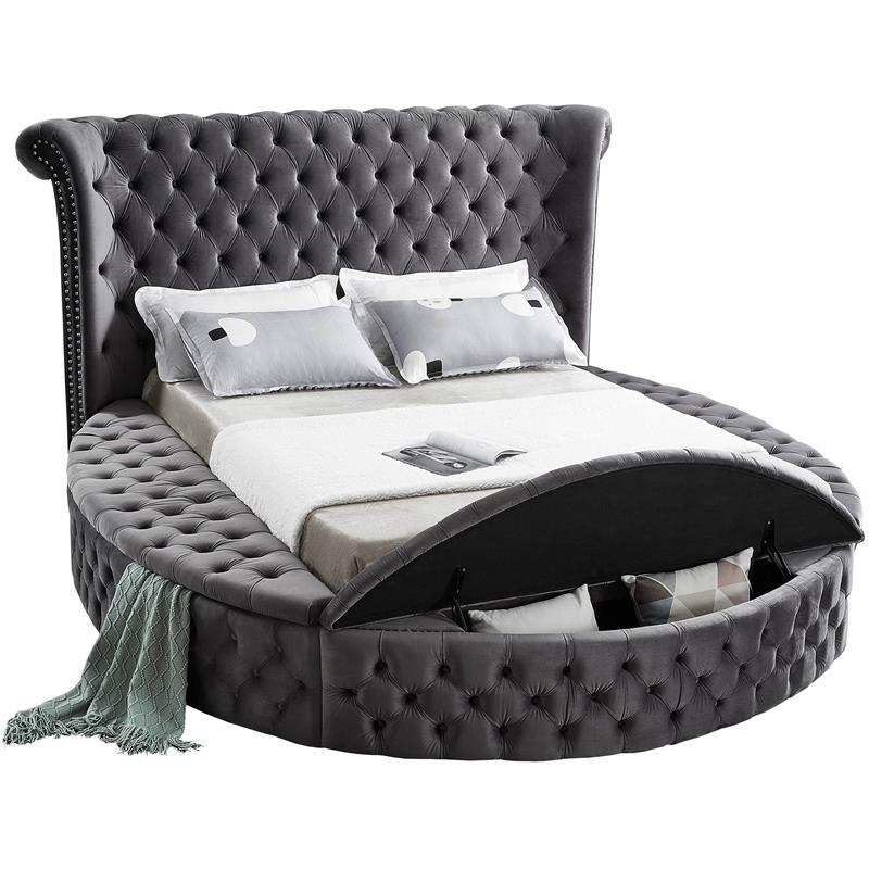 Pemberly Row Contemporary Gray Velvet Queen Round Bed - 93.75