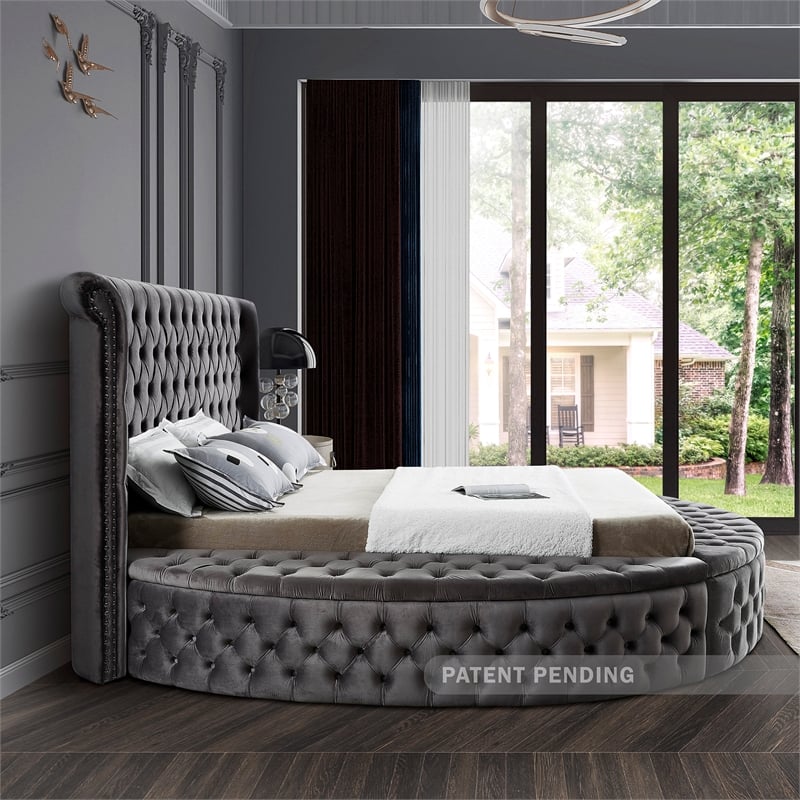 Pemberly Row Contemporary Gray Velvet Queen Round Bed - 93.75