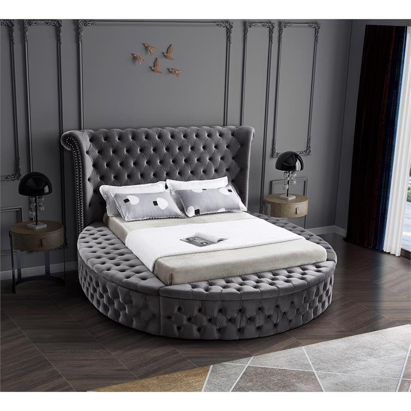 Pemberly Row Contemporary Gray Velvet Queen Round Bed - 93.75