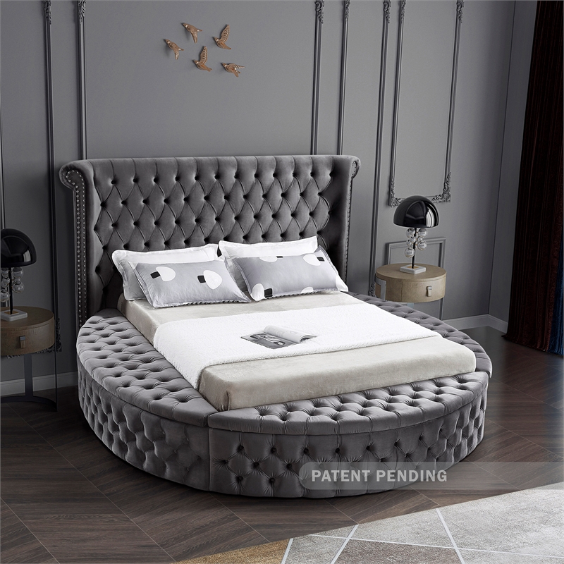 Pemberly Row Contemporary Gray Velvet Queen Round Bed - 93.75
