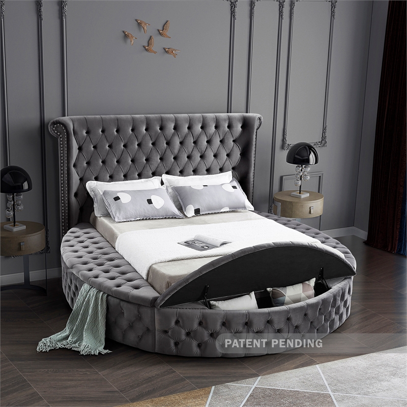 Pemberly Row Contemporary Gray Velvet Queen Round Bed - 93.75