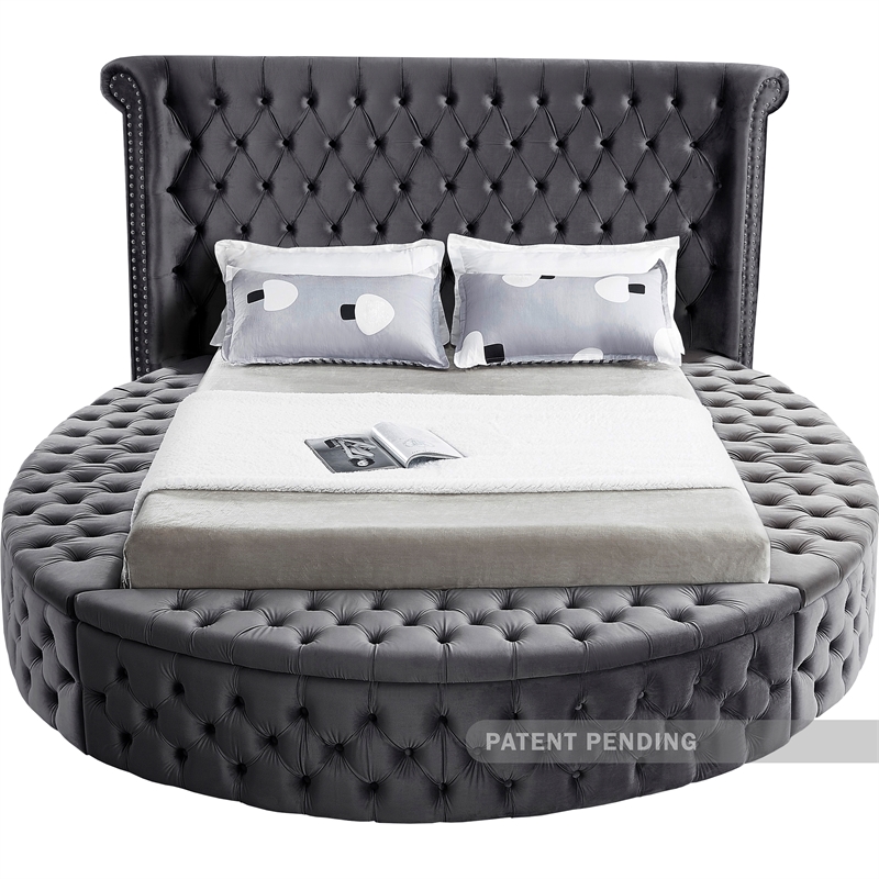 Pemberly Row Contemporary Gray Velvet Queen Round Bed - 93.75
