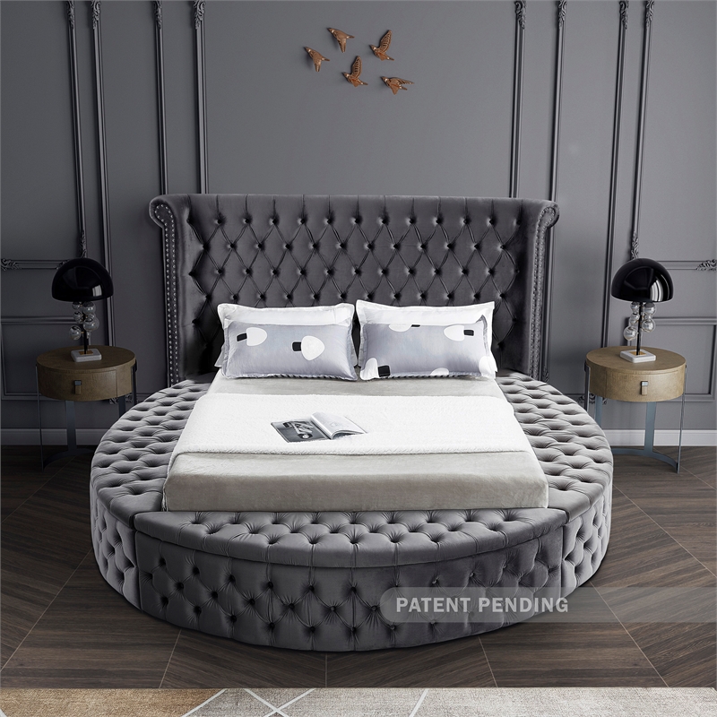 Pemberly Row Contemporary Gray Velvet Queen Round Bed - 93.75