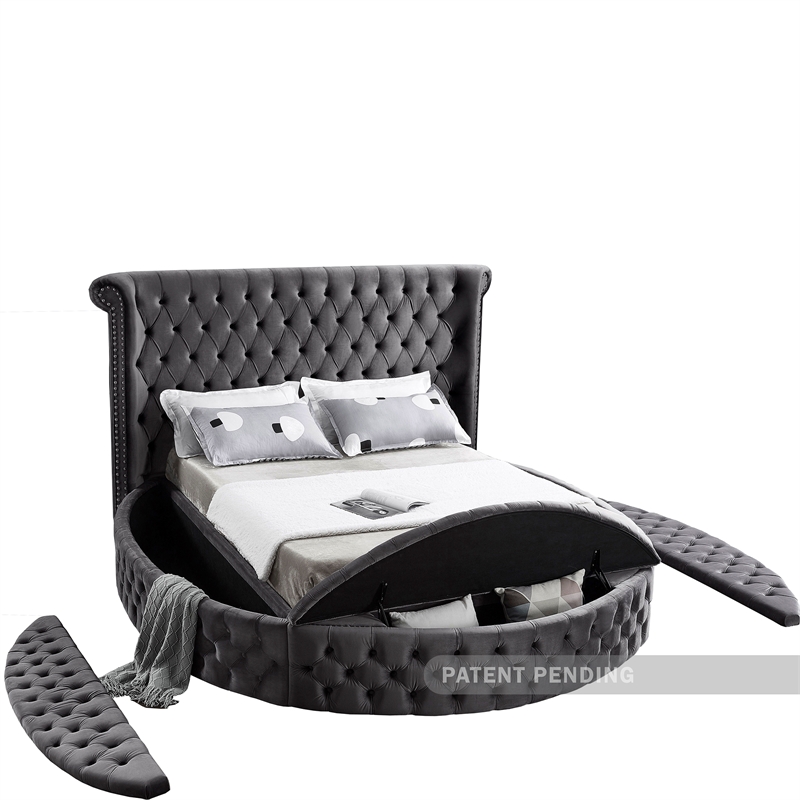Pemberly Row Contemporary Gray Velvet Queen Round Bed - 93.75