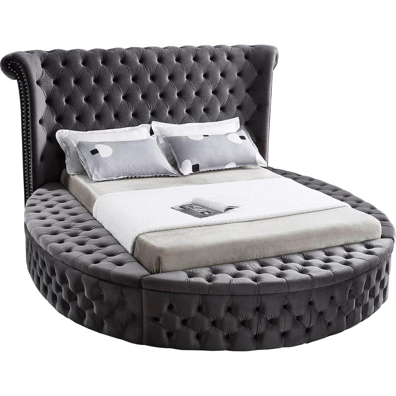 Pemberly Row Contemporary Gray Velvet Queen Round Bed - 93.75
