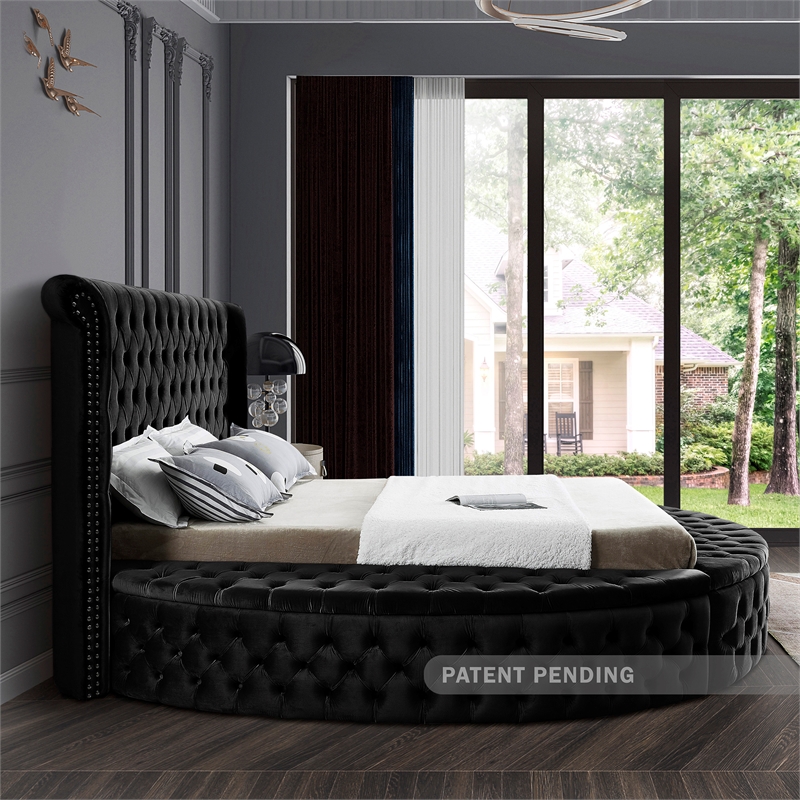 Pemberly Row Modern Black Velvet Queen Round Bed - 93.75