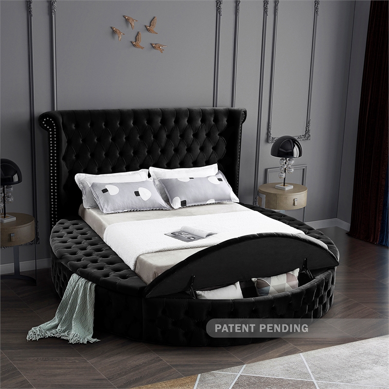 Pemberly Row Modern Black Velvet Queen Round Bed - 93.75