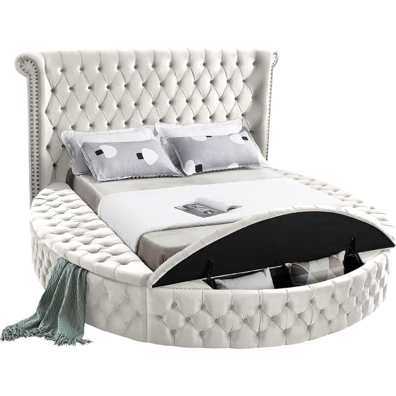 Pemberly Row Modern Cream Velvet Queen Round Bed - 93.75