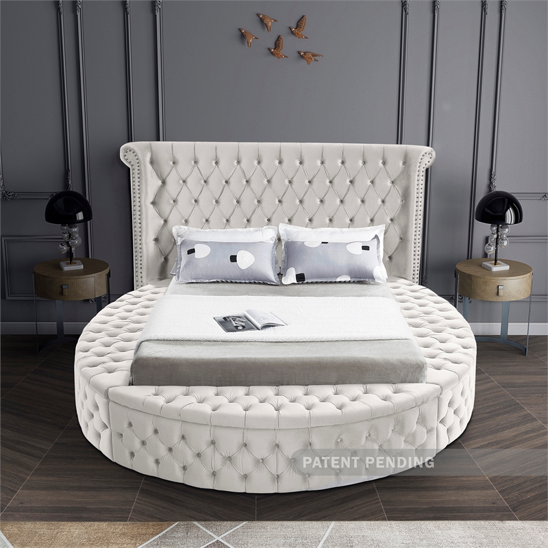 Pemberly Row Modern Cream Velvet Queen Round Bed - 93.75