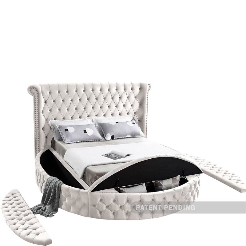 Pemberly Row Modern Cream Velvet Queen Round Bed - 93.75