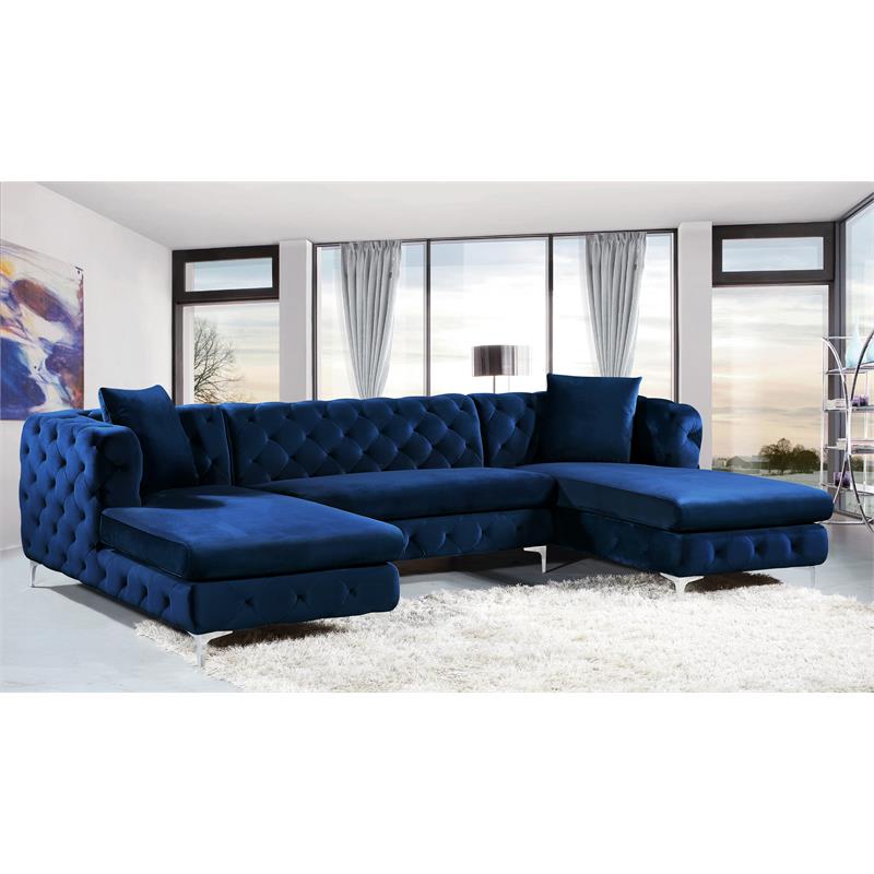 Pemberly Row Modern / Contemporary 3-Piece Velvet Sectional in Navy