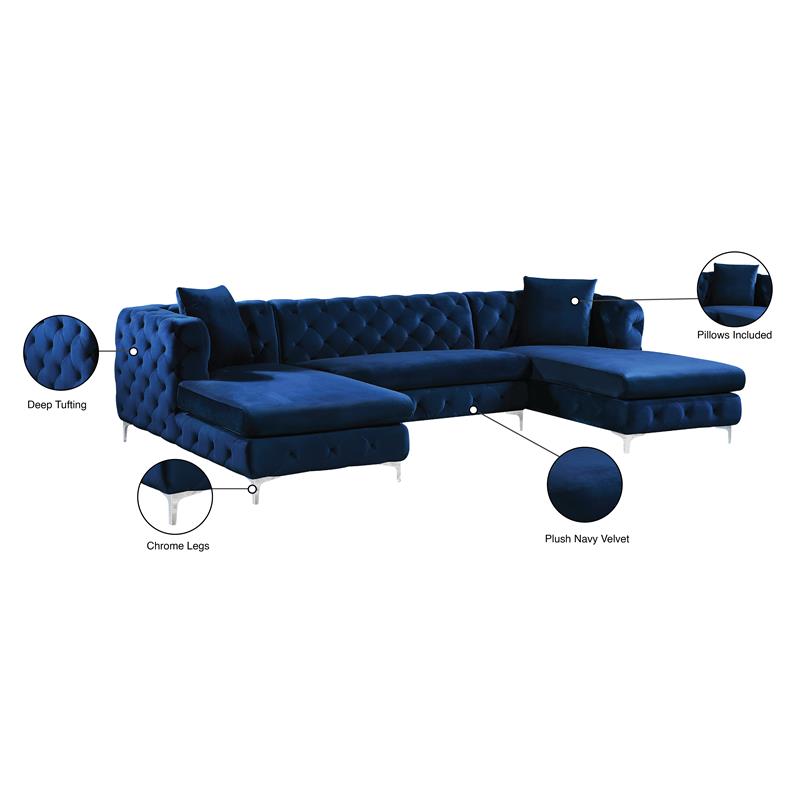 Pemberly Row Modern / Contemporary 3-Piece Velvet Sectional in Navy