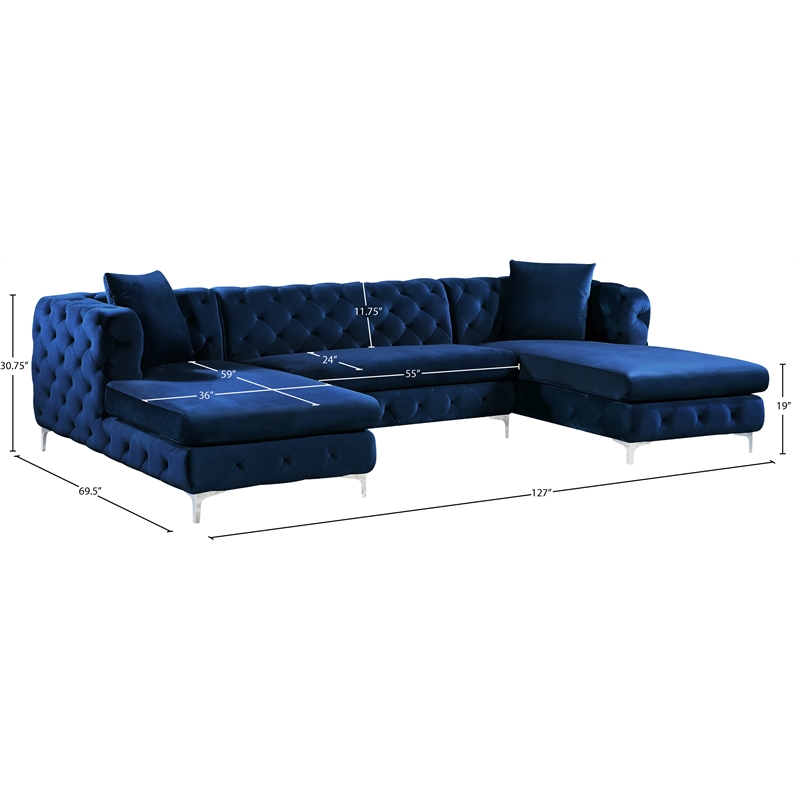 Pemberly Row Modern / Contemporary 3-Piece Velvet Sectional in Navy