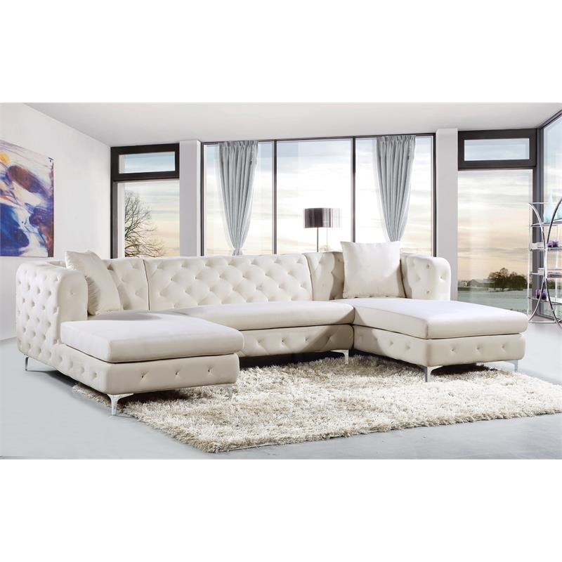 Pemberly Row Modern / Contemporary 3-Piece Velvet Sectional in Cream