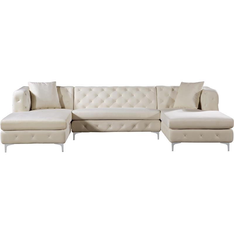 Pemberly Row Modern / Contemporary 3-Piece Velvet Sectional in Cream