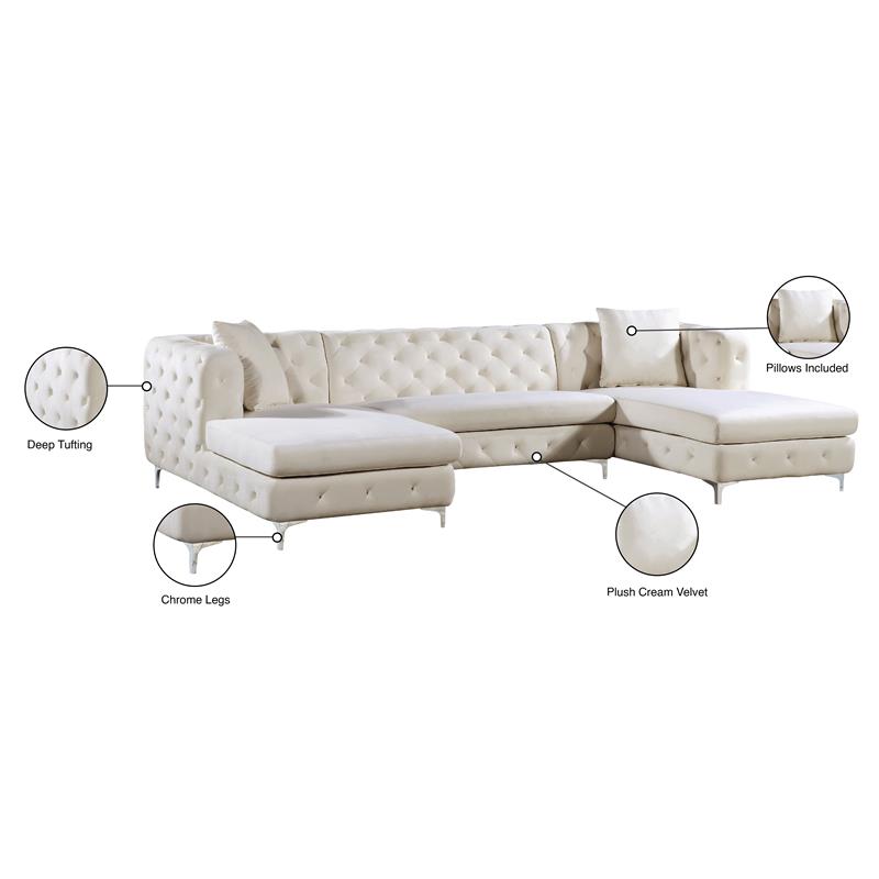 Pemberly Row Modern / Contemporary 3-Piece Velvet Sectional in Cream