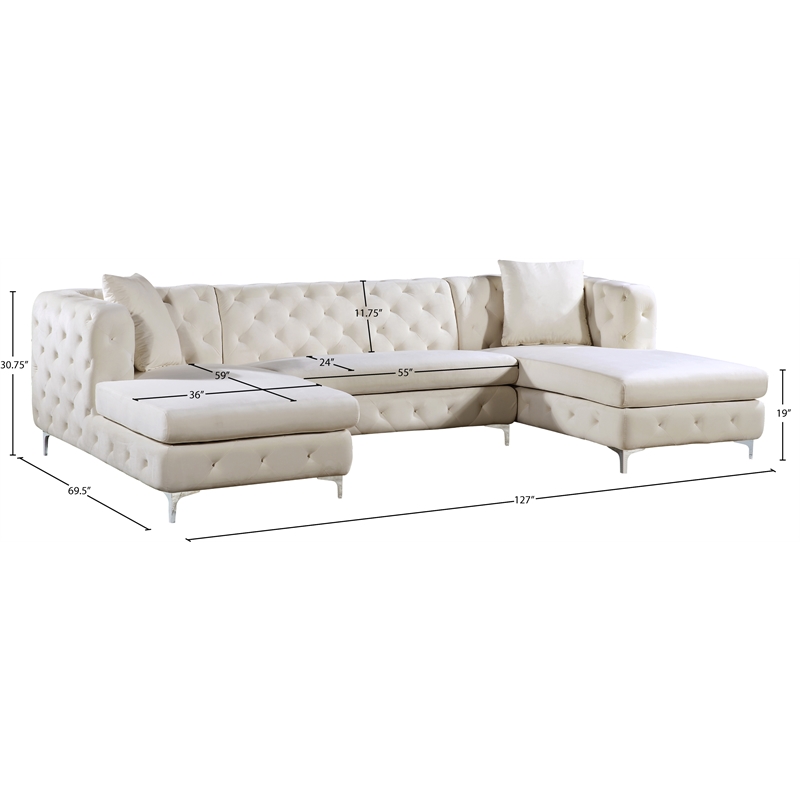 Pemberly Row Modern / Contemporary 3-Piece Velvet Sectional in Cream