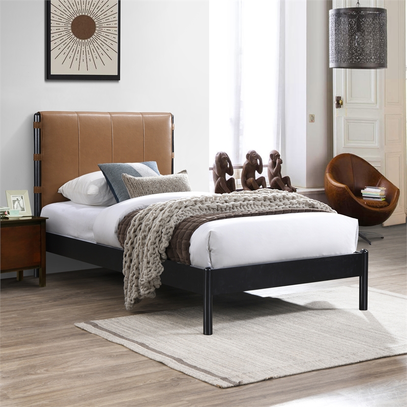 Pemberly Row Modern Mid-Century Soft Cognac Vegan Leather Twin Bed