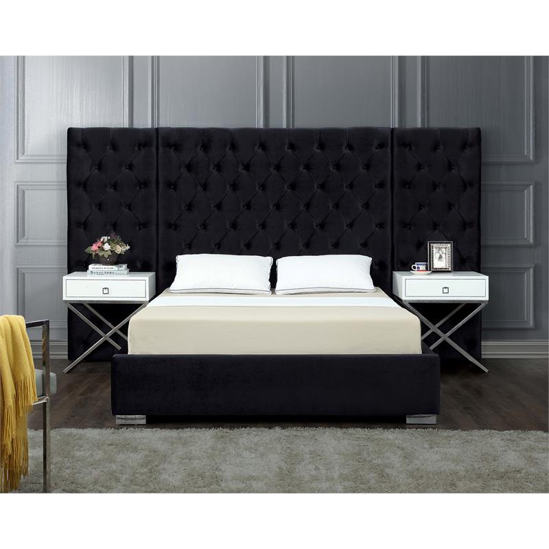 Pemberly Row Modern Solid Wood and Velvet Queen Bed in Black