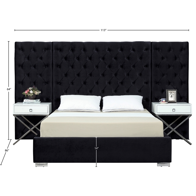 Pemberly Row Modern Solid Wood and Velvet Queen Bed in Black