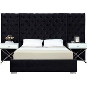 Pemberly Row Modern Solid Wood and Velvet Queen Bed in Black