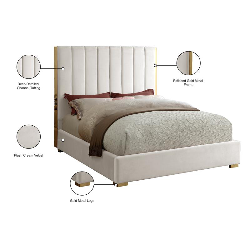 Pemberly Row Contemporary Metal and Velvet King Bed in Cream