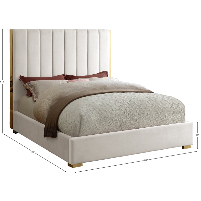 Pemberly Row Contemporary Metal and Velvet King Bed in Cream