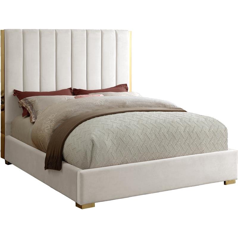 Pemberly Row Contemporary Metal and Velvet King Bed in Cream