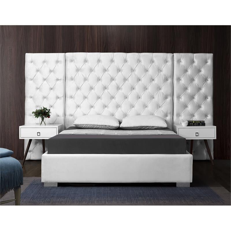 Pemberly Row Modern Solid Wood and Velvet Queen Bed in White
