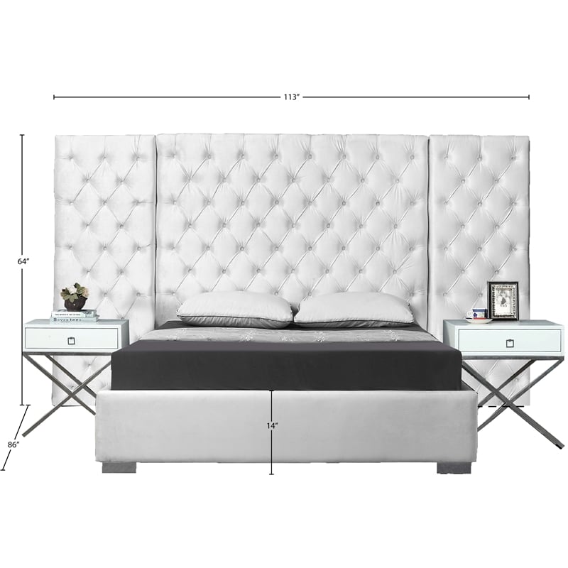Pemberly Row Modern Solid Wood and Velvet Queen Bed in White
