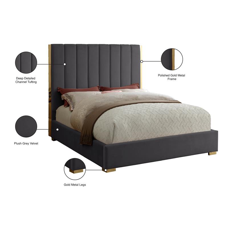 Pemberly Row Contemporary Metal and Velvet Queen Bed in Gray