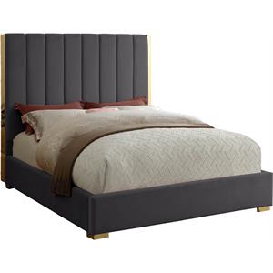 Pemberly Row Contemporary Metal and Velvet Queen Bed in Gray