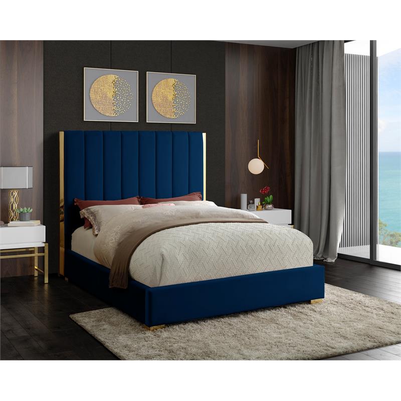 Pemberly Row Contemporary Metal and Velvet Queen Bed in Navy