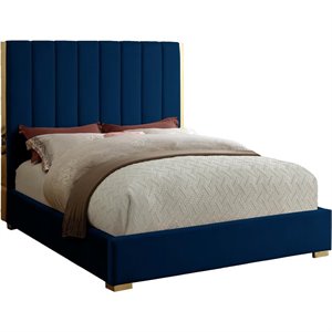 Pemberly Row Contemporary Metal and Velvet Queen Bed in Navy