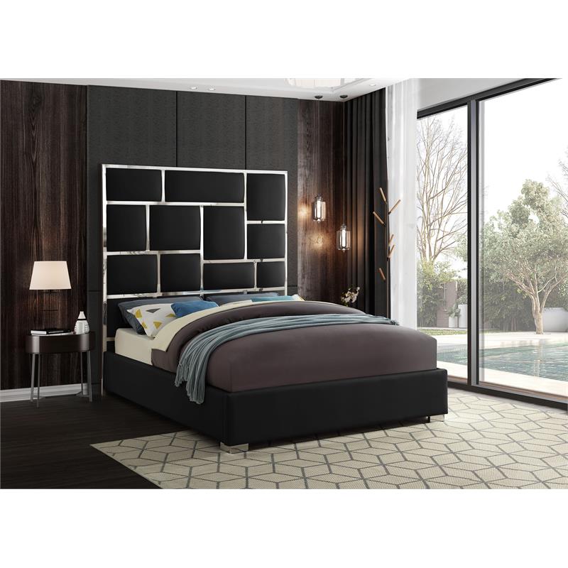 Pemberly Row Solid Wood and Vegan Leather Queen Bed in Black