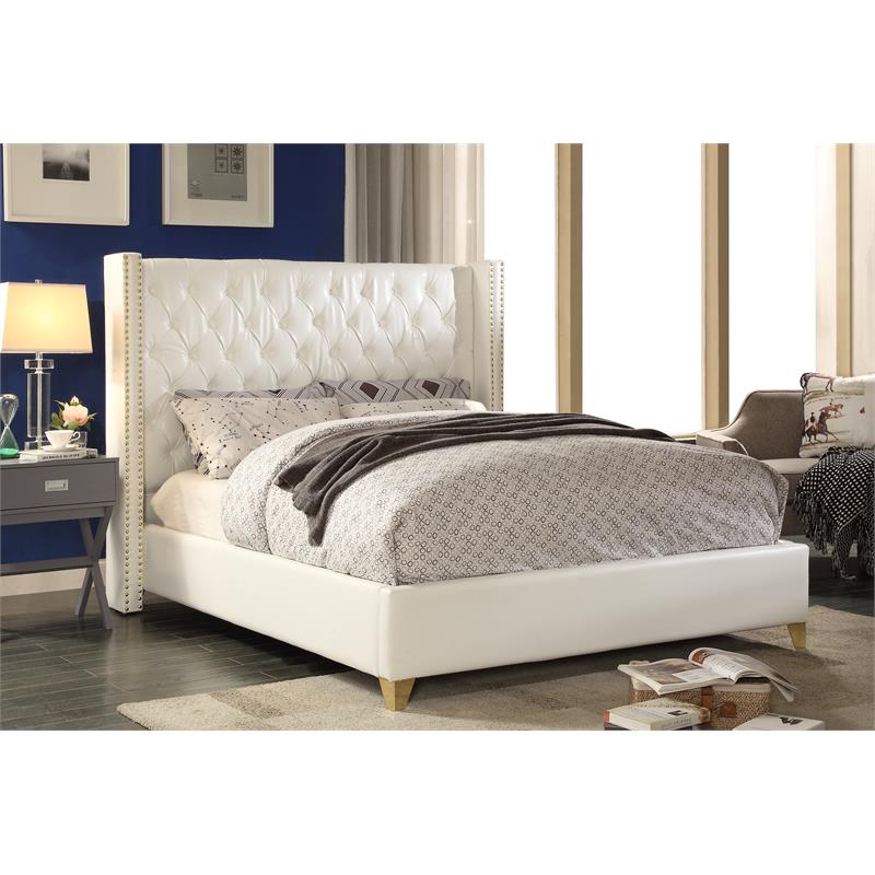 Pemberly Row Solid Wood and Vegan Leather Queen Bed in White