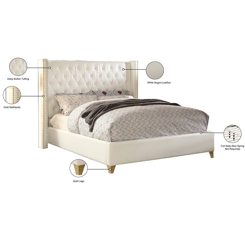 Pemberly Row Solid Wood and Vegan Leather Queen Bed in White