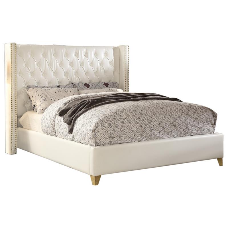 Pemberly Row Solid Wood and Vegan Leather Queen Bed in White