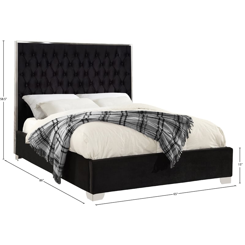 Pemberly Row Modern Solid Wood and Velvet Queen Bed in Black